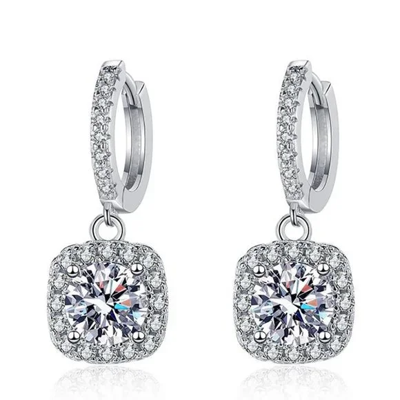 Certified 2ct. t.w. Moissanite Diamond Cushion Halo Drop Hoop Earrings NEW - Picture 7 of 12